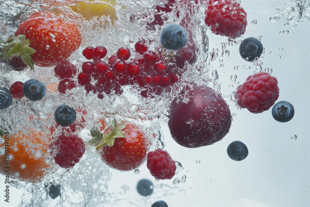 Various fruits and berries falling into water on a light background