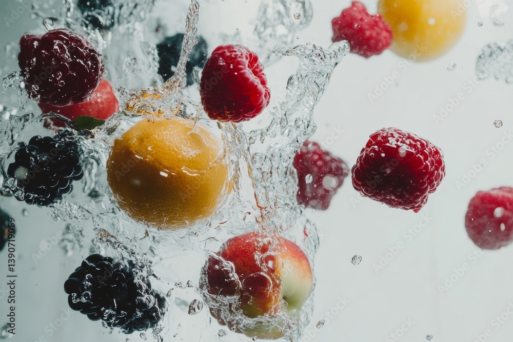 Various fruits and berries falling into water on a light background