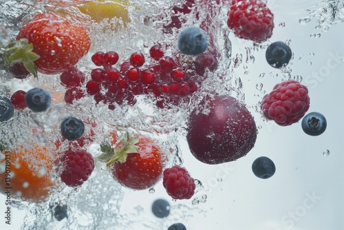 Obraz na płótnie Various fruits and berries falling into water on a light background w salonie