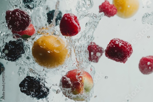 Various fruits and berries falling into water on a light background