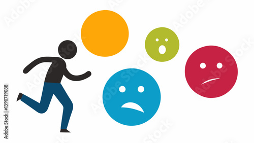 Fleeing Emotions A silhouette of a person running away from a series of large colorful emotion icons like a crying face angry face and worried face that are chasing them.