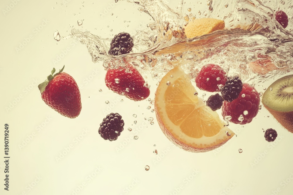 Various fruits and berries falling into water on a light background