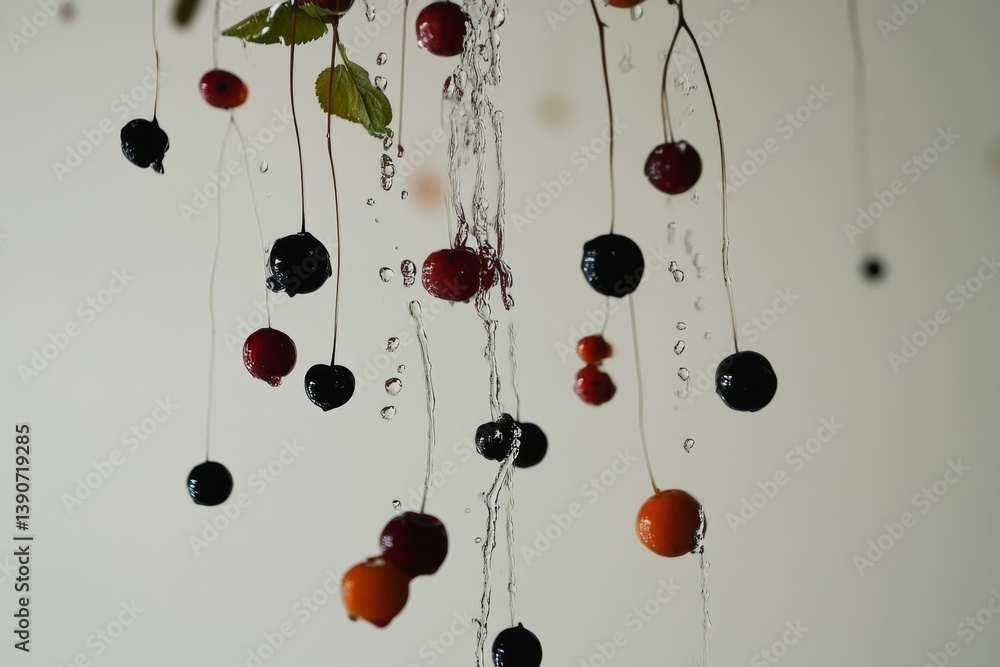 Various fruits and berries falling into water on a light background
