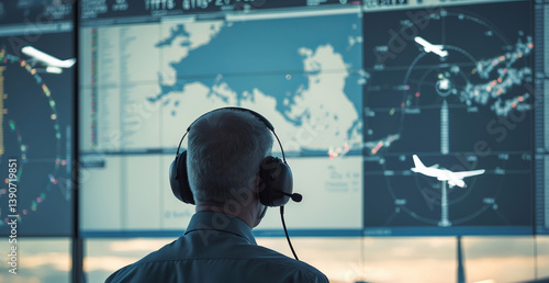 Air traffic controller monitoring flight patterns and air traffic data in a control center