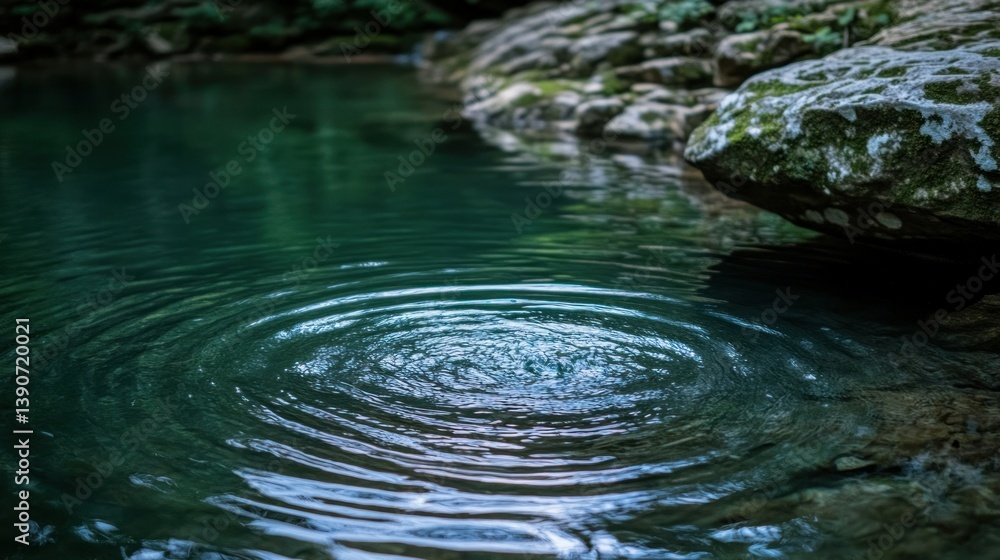 Rippled water, tranquil forest stream, creating concentric circles, calm nature scene