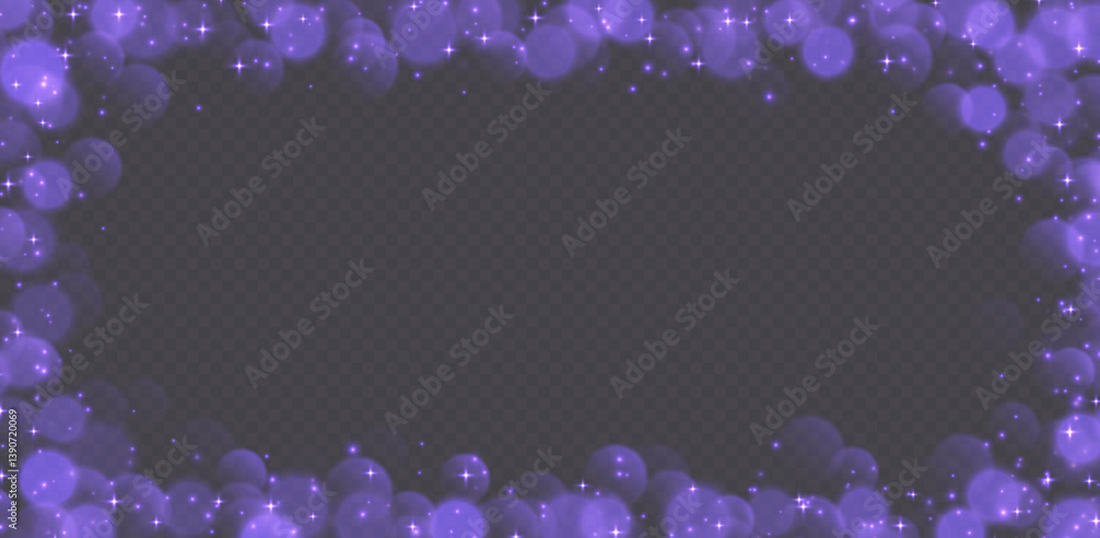Purple bokeh with stars and sparkles, shiny overlay decoration isolated on grey background. Vector illustration.