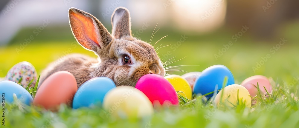 Cute rabbit rests among colorful Easter eggs