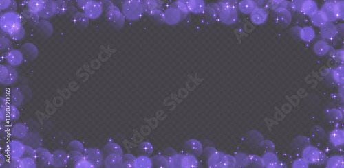 Purple bokeh with stars and sparkles, shiny overlay decoration isolated on grey background. Vector illustration.