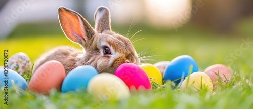 Obraz na płótnie Cute rabbit rests among colorful Easter eggs w salonie