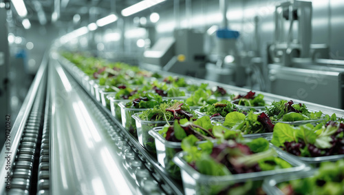 Fresh greens packaged in a high-tech facility during the day with bright lighting and modern design