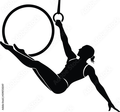 Gymnast in mid-air on rings silhouette 