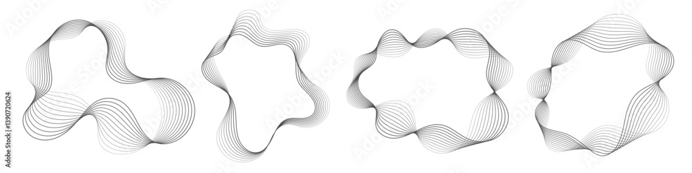 Abstract wavy frames set, black flowing borders isolated on white. Vector illustration.