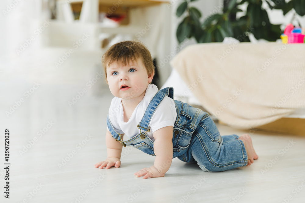 cute baby in denim overalls learning to crawl on the floor in a bright room, child smiling, playing, early childhood development cute baby in denim overalls learning to crawl on the floor in a bright room, child smiling, playing, early childhood development