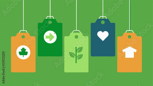 Eco Labels A series of ecolabels hanging from clothing items each with symbols representing organic fair trade and recycled materials conveying the importance of certification.