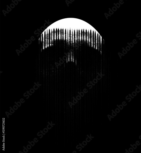 Vector skull, dissolving vertical lines and particles on a black background. Bold contrast of light and shadow. Futuristic, glitch-inspired design.