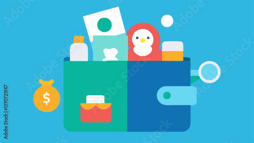 Empty Wallet An of an open wallet with empty pockets surrounded by toys baby bottles and bills showing the financial strain of childcare costs.