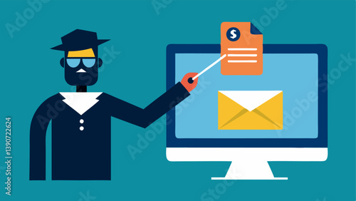 Phishing Alert A computer screen showing a phishing email with a cyber detective pointing at it symbolizing the recognition of potential threats in digital communications.