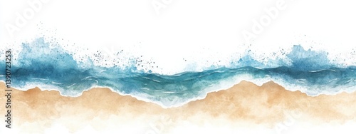 Serene beach watercolor illustration with gentle waves and soft sand backdrop. Generative AI