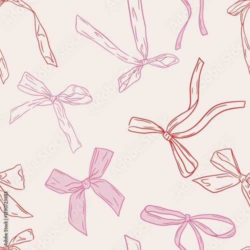 Seamless pattern of hand-drawn linear style bows perfect for wedding and Valentine’s Day design.
