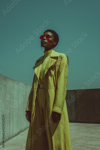 Woman in Yellow Outfit with Red Sunglasses