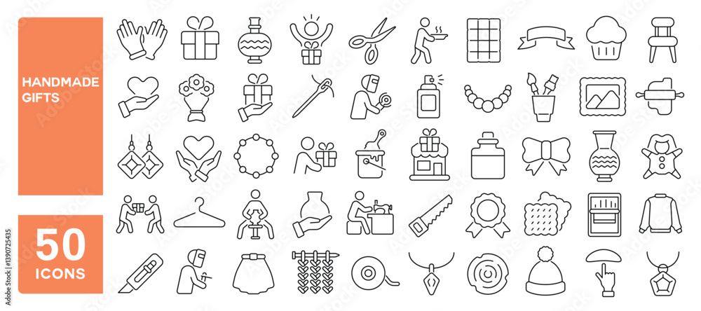 Set of 50 line icons related to handmade gifts, made with love, textile, cook, pottery, draw, craft, decorating, gift package, Editable stroke. Vector illustration Set of 50 line icons related to handmade gifts, made with love, textile, cook, pottery, draw, craft, decorating, gift package, Editable stroke. Vector illustration