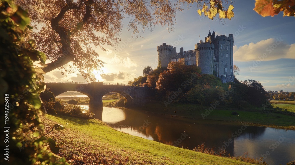 Obraz premium Malahide castle at sunset near dublin, ireland, with bridge and river