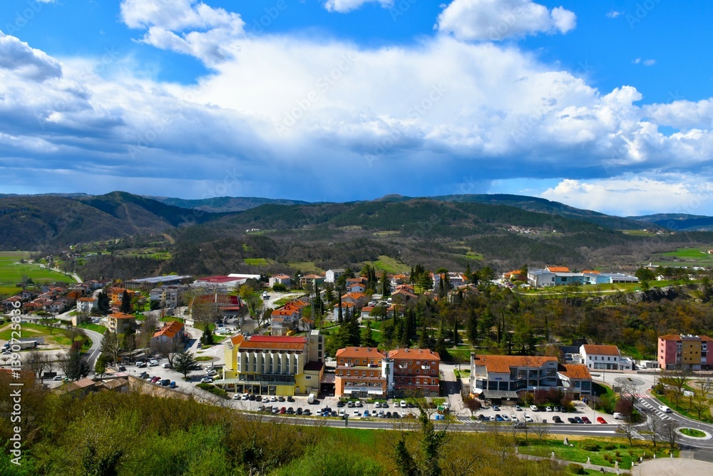 Fototapeta premium View of the town of Buzet and forest covered hills behind in Istria, Croatia