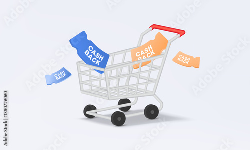 Shopping cart product and coupon cash back floating on pastel background. Shop online service advertising marketing fashion discount for special customer concept. banner. 3d vector illustration