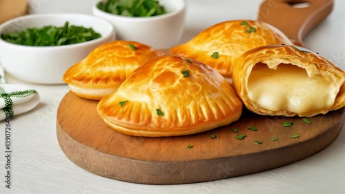 Wallpaper Mural Golden cheesy hand pies on wooden board a delicious and comforting culinary treat Fresh herbs garnish Torontodigital.ca
