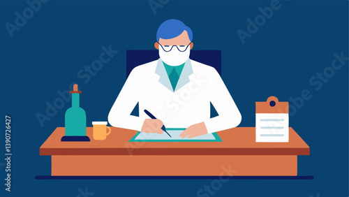 Pathologist at Desk A forensic pathologist sitting at a large wooden desk covered with papers and medical tools focused on writing a report with a pen.