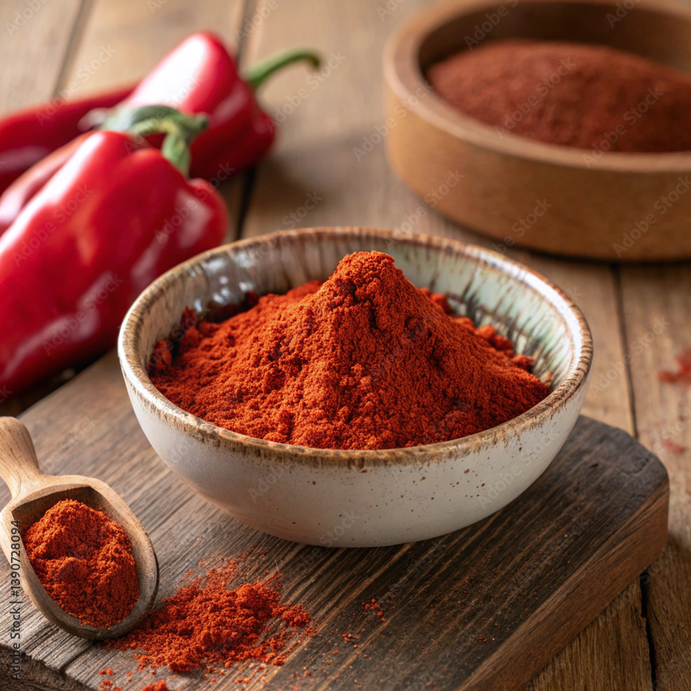 Red Chili Powder with Dried Chilies on Wooden Board Red Chili Powder with Dried Chilies on Wooden Board