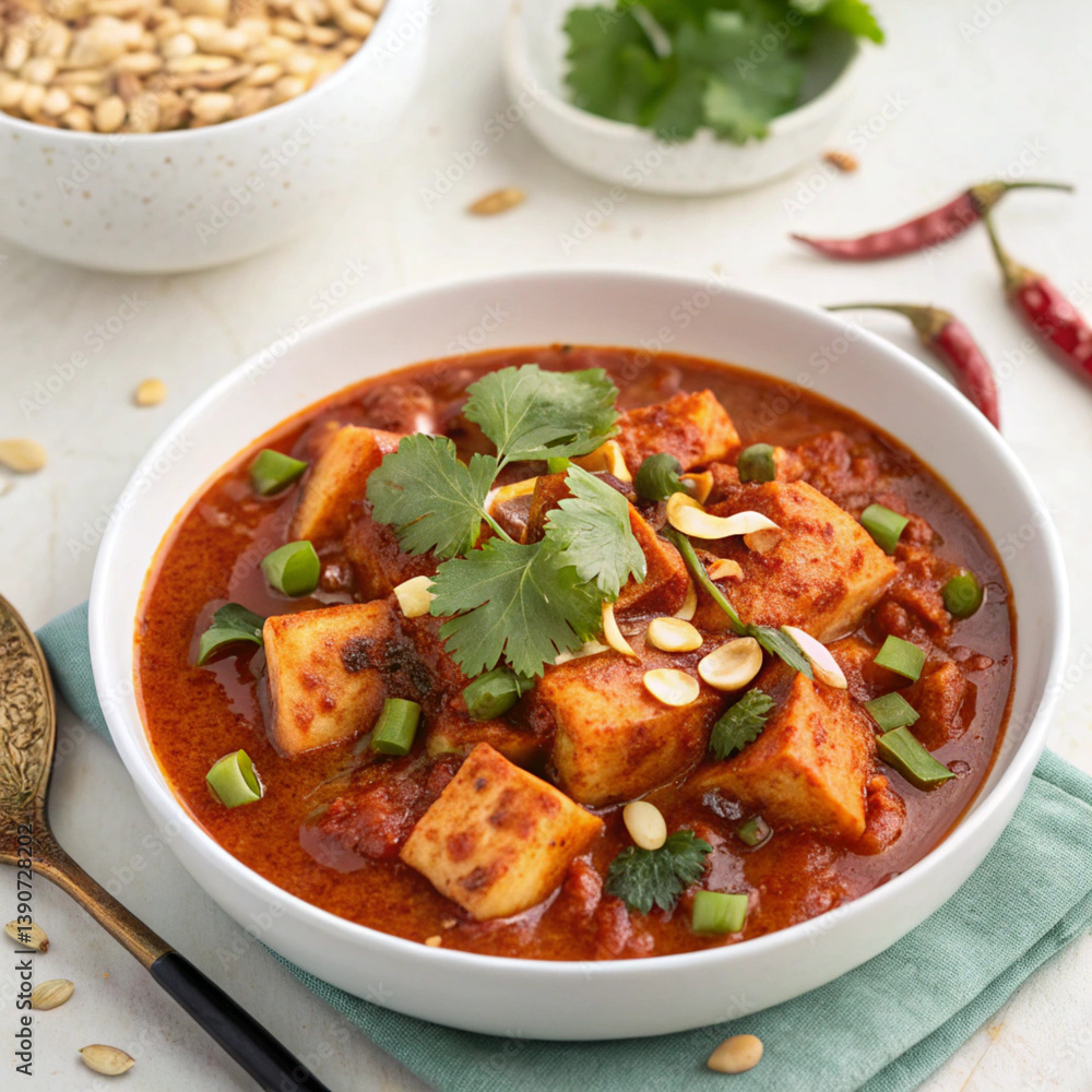 Spicy Indian Paneer Curry Garnished with Herbs and Nuts Spicy Indian Paneer Curry Garnished with Herbs and Nuts