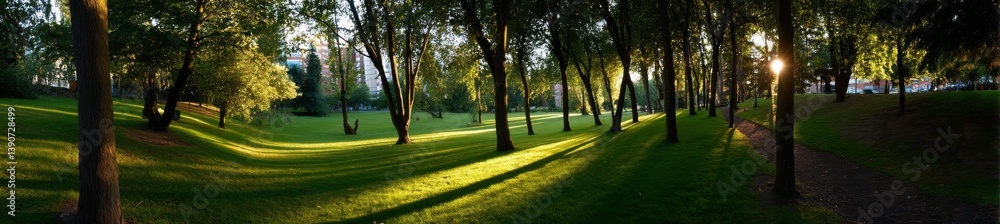 Obraz premium A panoramic view of a Texas urban park in America features green grass, large pine trees, and a walking and running trail at sunset, showcasing a composition of natural elements with a parking lot in