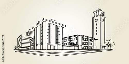 Irvine skyline, capturing its modern high-rises and University of California Irvine campus in a sleek, one-line drawing style.