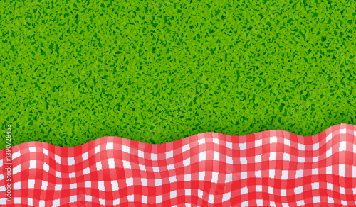 Red and white tablecloth on green grass background