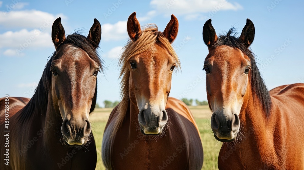 Trio of Young Horses at Summer Pasture: Portraits Against a Blue Sky Trio of Young Horses at Summer Pasture: Portraits Against a Blue Sky