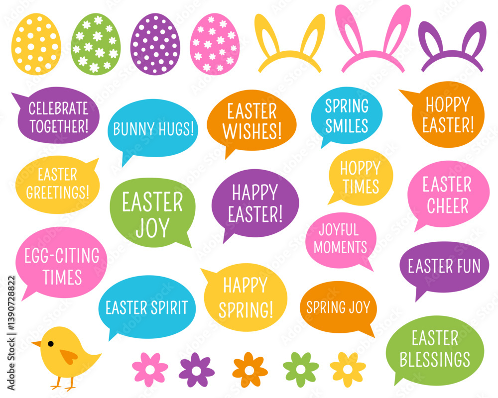 Easter vector design elements, speech bubbles with holiday greetings, bunny ears, flowers, a cute chick, flowers Easter vector design elements, speech bubbles with holiday greetings, bunny ears, flowers, a cute chick, flowers