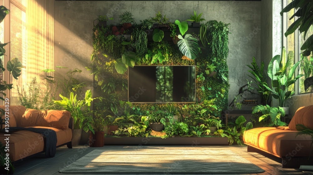 Fototapeta premium A cozy living room with a vertical garden and television