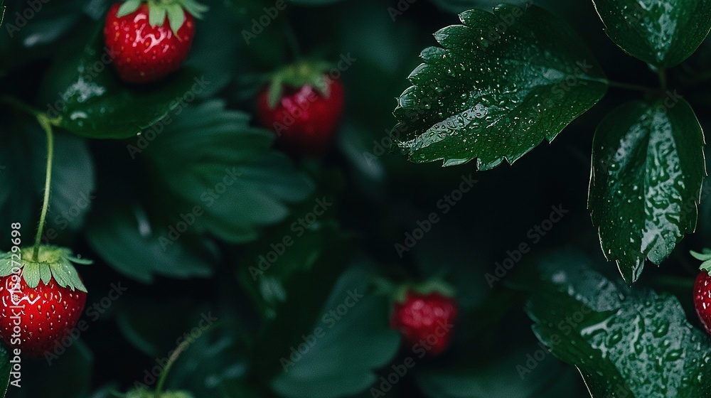A close-up photo of multiple strawberries on a shrub, surrounded by green foliage and droplets of water on the leaves A close-up photo of multiple strawberries on a shrub, surrounded by green foliage and droplets of water on the leaves