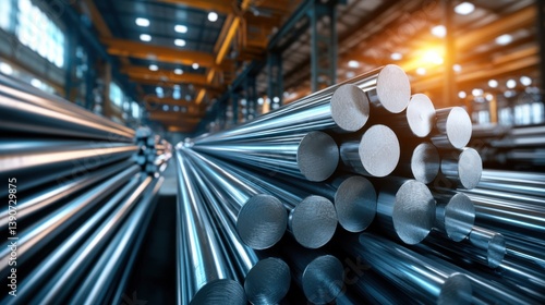Circular steel bars stacked in warehouse: industrial manufacturing scene