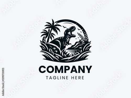 Tyrannosaurus Rex Roaring Prehistoric Foliage Dinosaur Era Vector Logo Design