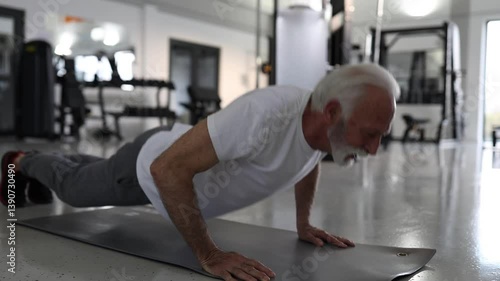 Senior man with white hair and beard doing push-ups in modern gym on daylight