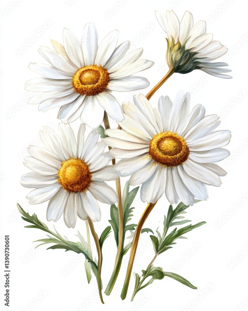 Fototapeta premium Delicate Daisy Illustration. Wildflowers in Bloom Against a Pristine White Backdrop