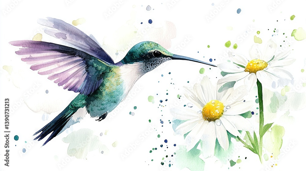 Obraz premium Hummingbird over Daisies with Watercolor Splashes - A watercolor painting captures a vibrant hummingbird soaring above daisy fields, while water