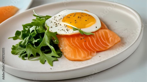 Salmon and egg breakfast on plate a high protein dish with healthy fats and fresh greens