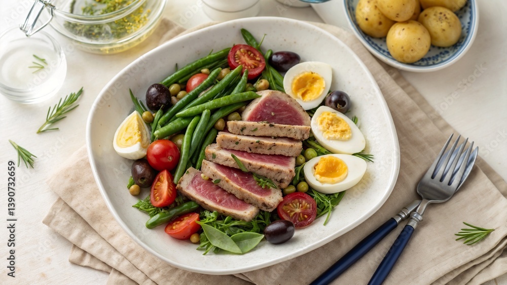 Niçoise salad with tuna, eggs and vegetables on white background Niçoise salad with tuna, eggs and vegetables on white background