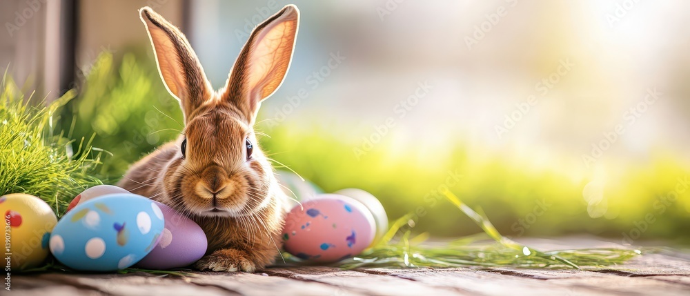 Bunny with colorful Easter eggs outside