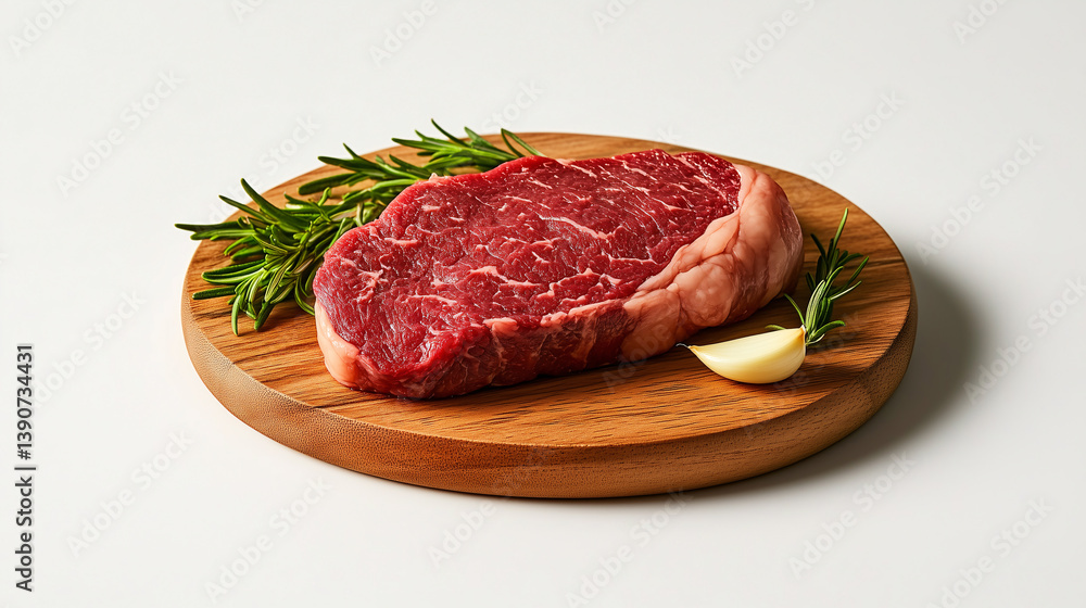A raw beef steak with herbs such as rosemary and thyme, placed on a wooden platter with fresh garlic cloves
