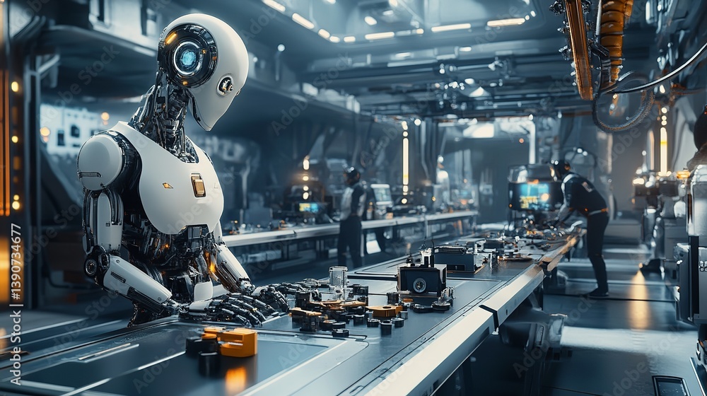 Advanced Robotic Assembly Line Futuristic Factory Industrial Automation Technology White Robot Worker Modern Manufacturing Process High Tech Advanced Robotic Assembly Line Futuristic Factory Industrial Automation Technology White Robot Worker Modern Manufacturing Process High Tech