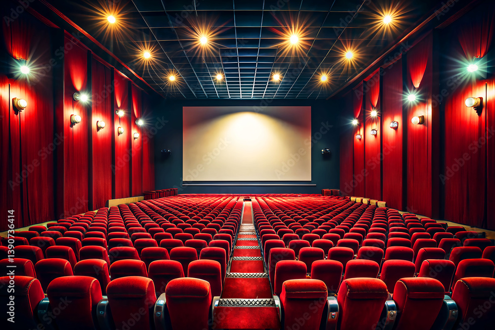 Fototapeta premium A vibrant cinema hall with rows of red seats and a projector screen in a modern movie theater setting
